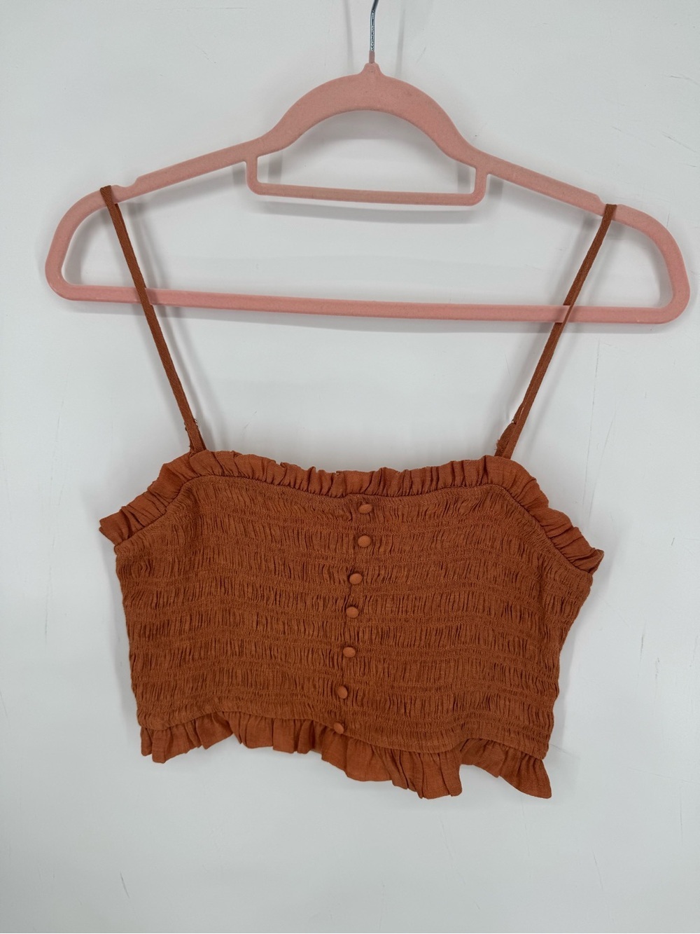 Blu Pepper Rust Brown Smocked Ruffle Cropped Cami Boho Festival Size Large NWT